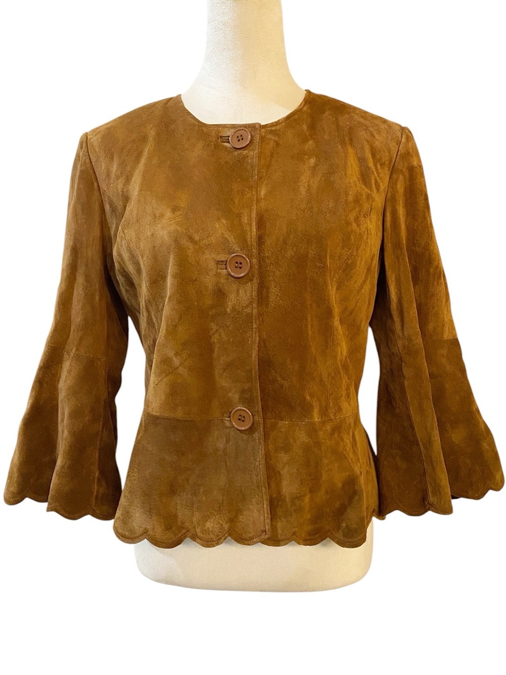 Vintage Suede Leather Brown Jacket Scallop Hem Collarless New